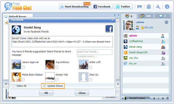 Invite Facebook Friends Panel of 123 Flash Chat, Chat Software