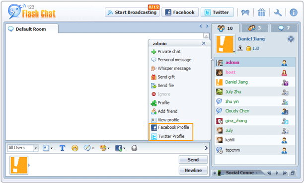 Facebook and Twitter Icons in Trigger Profile Panel of 123 Flash Chat, Chat Software