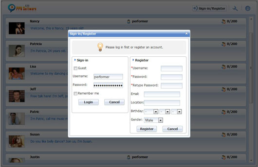 123 PPV Software Chat Software Performer Login Panel, Webcam Chat, HTML Chat, Live PPV Software, Video Chat