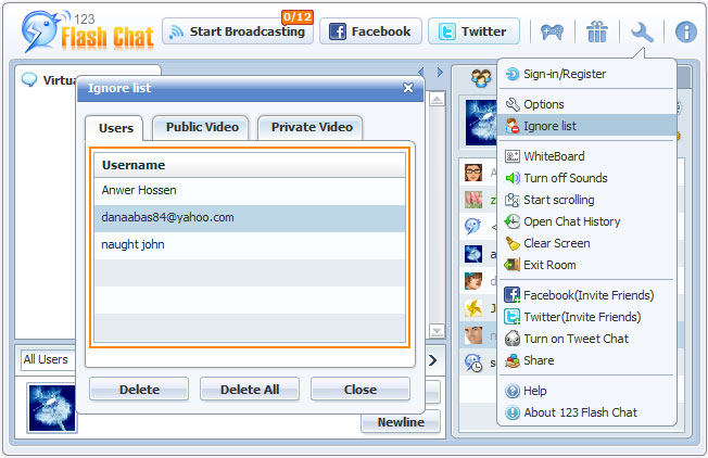 Unignore Panel of 123 Flash Chat, Chat Software