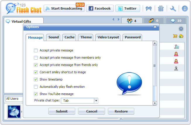 User Option of 123FlashChat, Video Chat, Flash Chat, Chat Software, PHP Chat