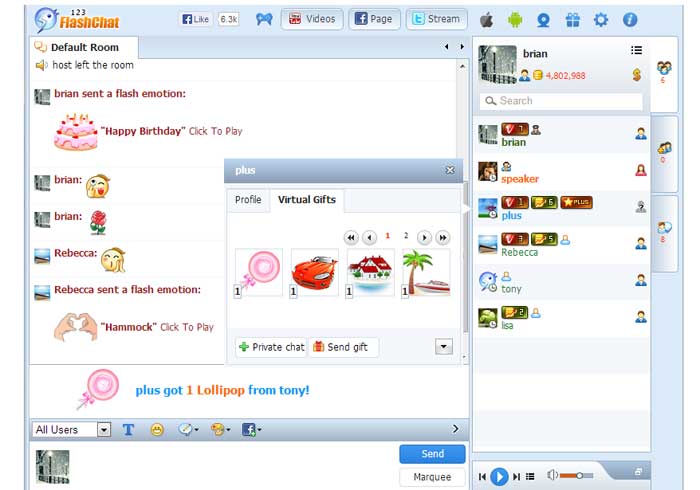Virtual Gifts Record in the Profile Panel, 123 Flash Chat Software