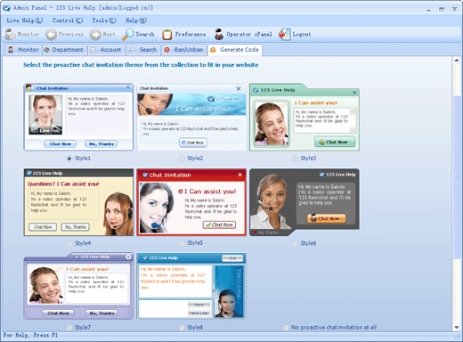 Choose Live Chat Invitation Box in the Admin Panel of 123 Live Help, Live Support Software, Live Chat Hosting, Live Help Chat