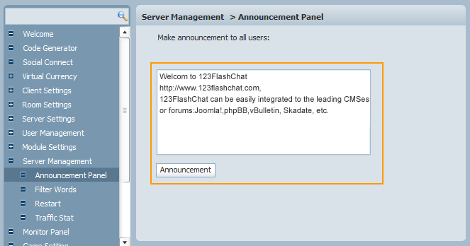 Announcement Panel in Admin Panel of 123FlashChat, Flash Software, PHP Chat, Chat Script
